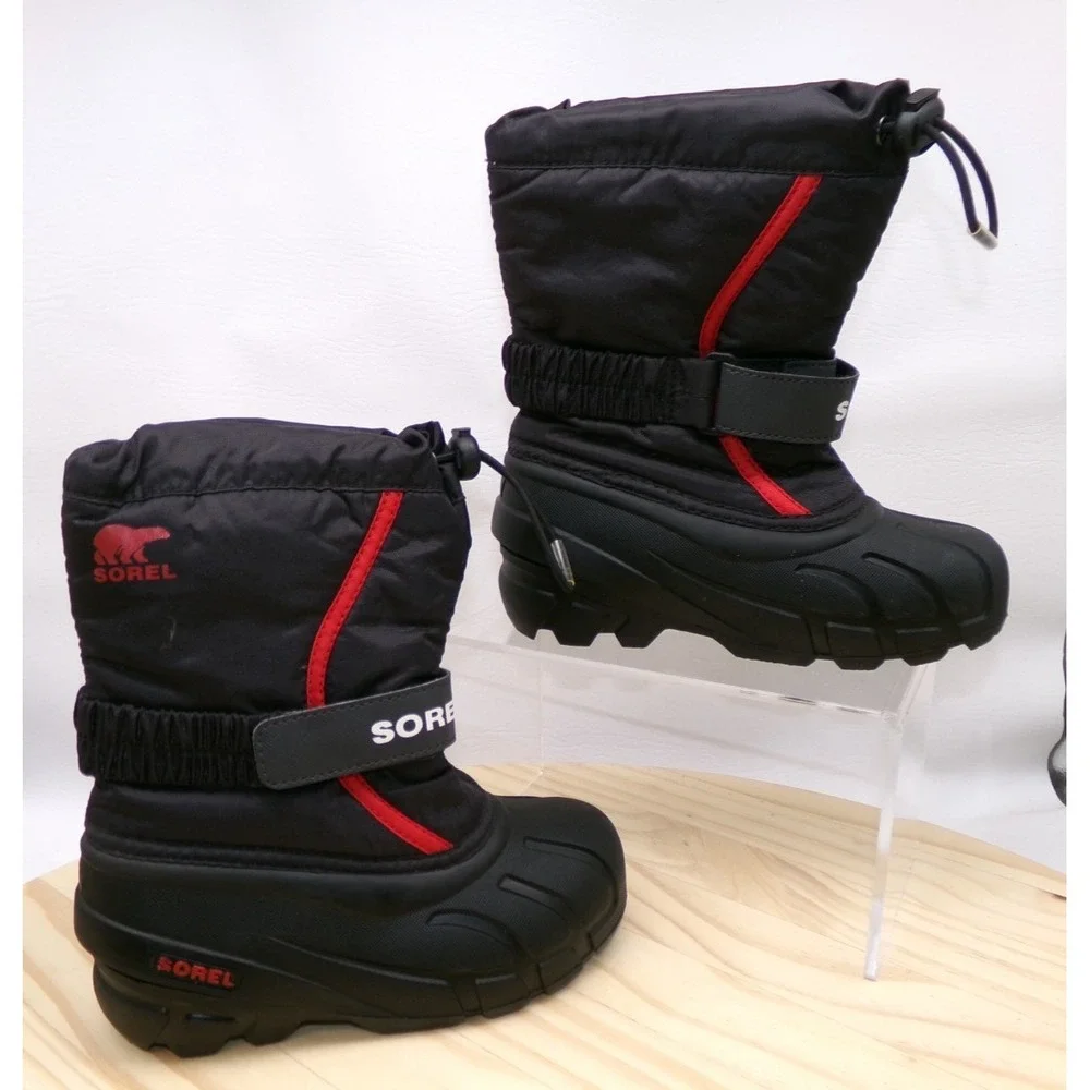 Sorel Flurry Snow Boots Youth Kids Black Red Size 12 Mid Calf Nylon Adustable